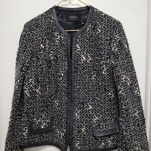 Dana Buchman Blazer Women Plus Sz 16 Zipper Tweed Boucle Wool Trim Leather